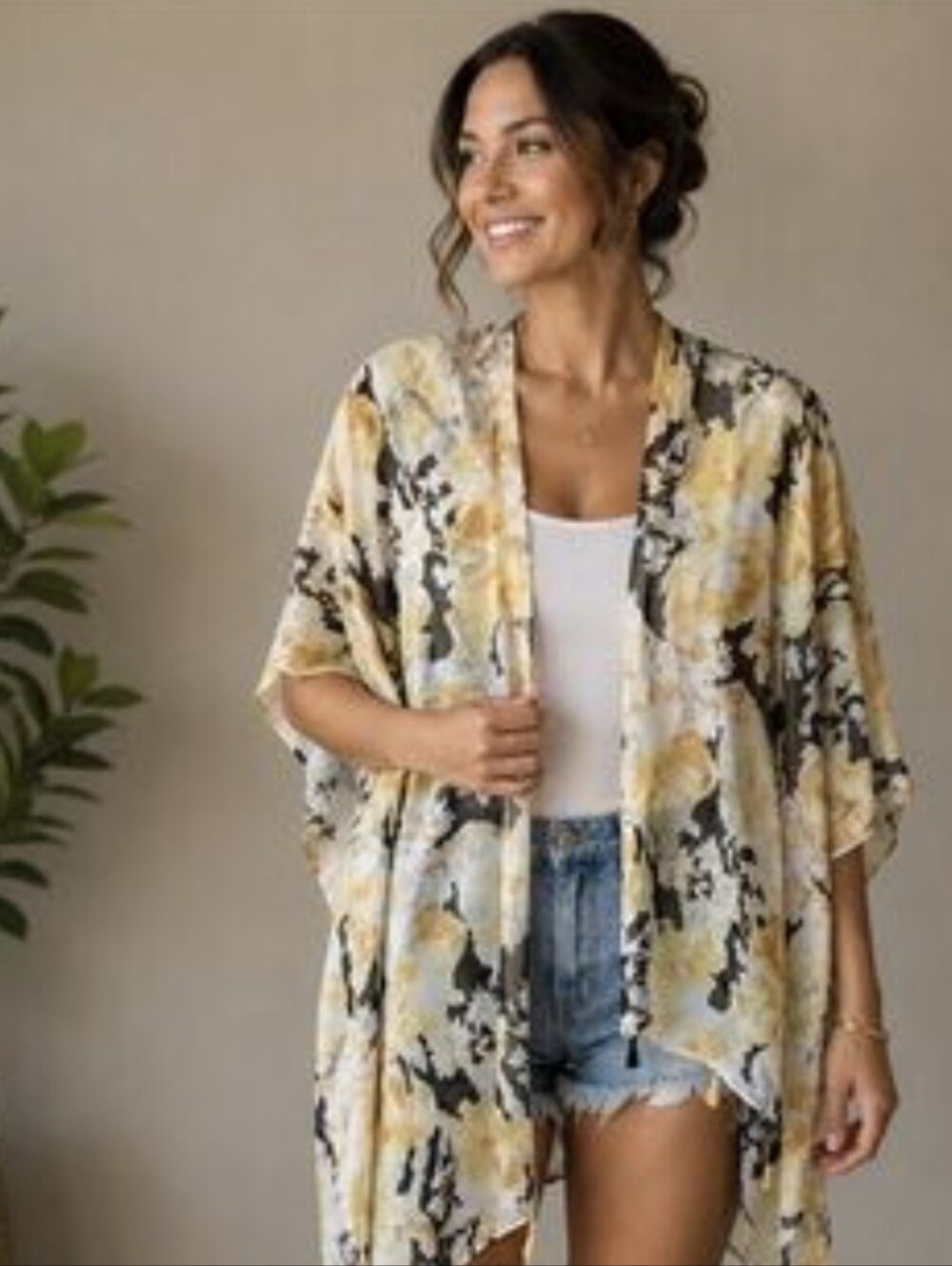 Floral Open-Front Kimono in Yellow and Cream